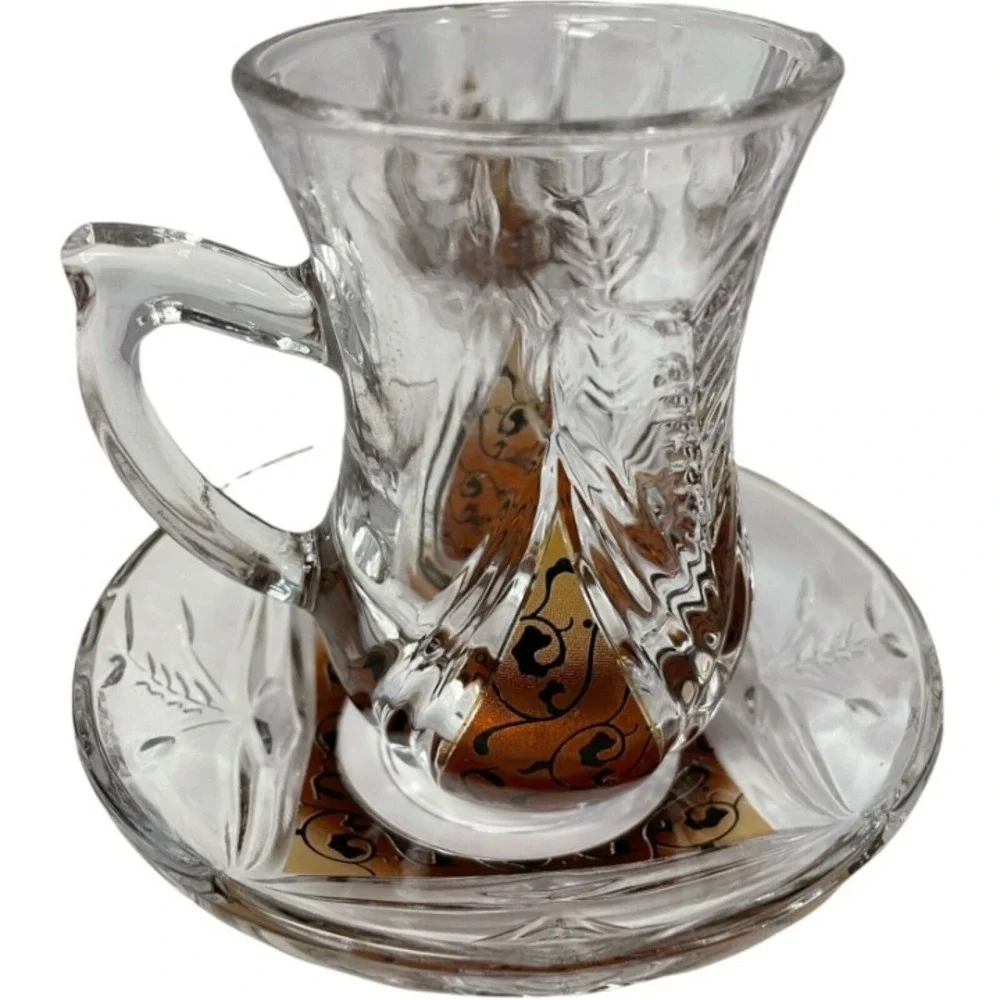 Turkish  Tea Set  Clear Amber Etched Glass 12pc Set